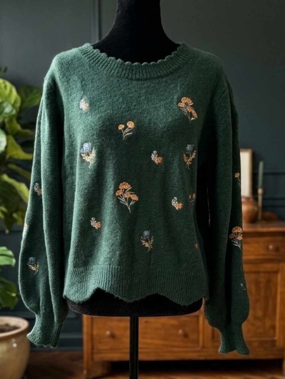 Entro Scalloped Puff Sleeve Embroiderd Cottagecore Floral Sweater Sz Med